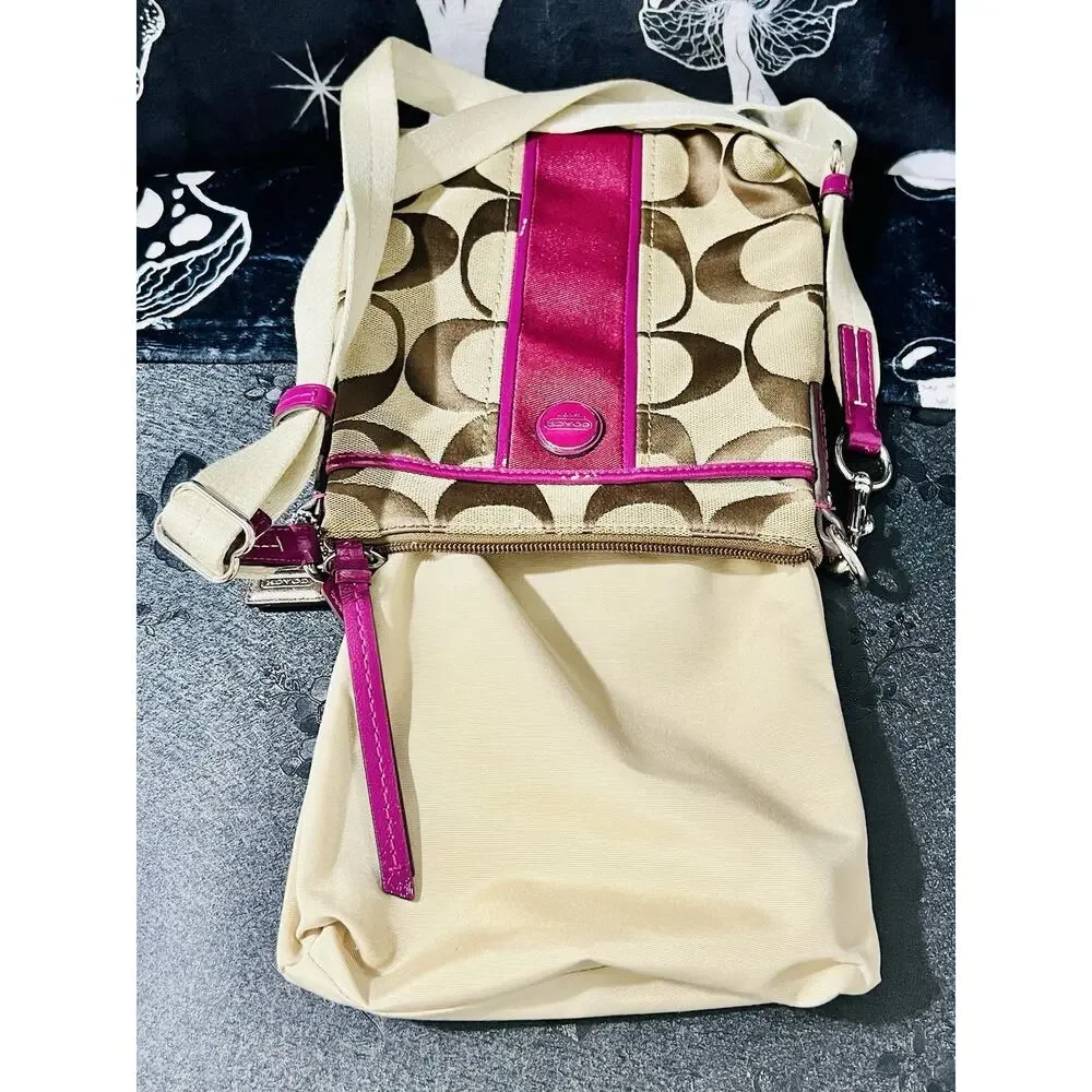 Coach F48806 Signature Stripe Swingpack Crossbody Khaki Passion Berry